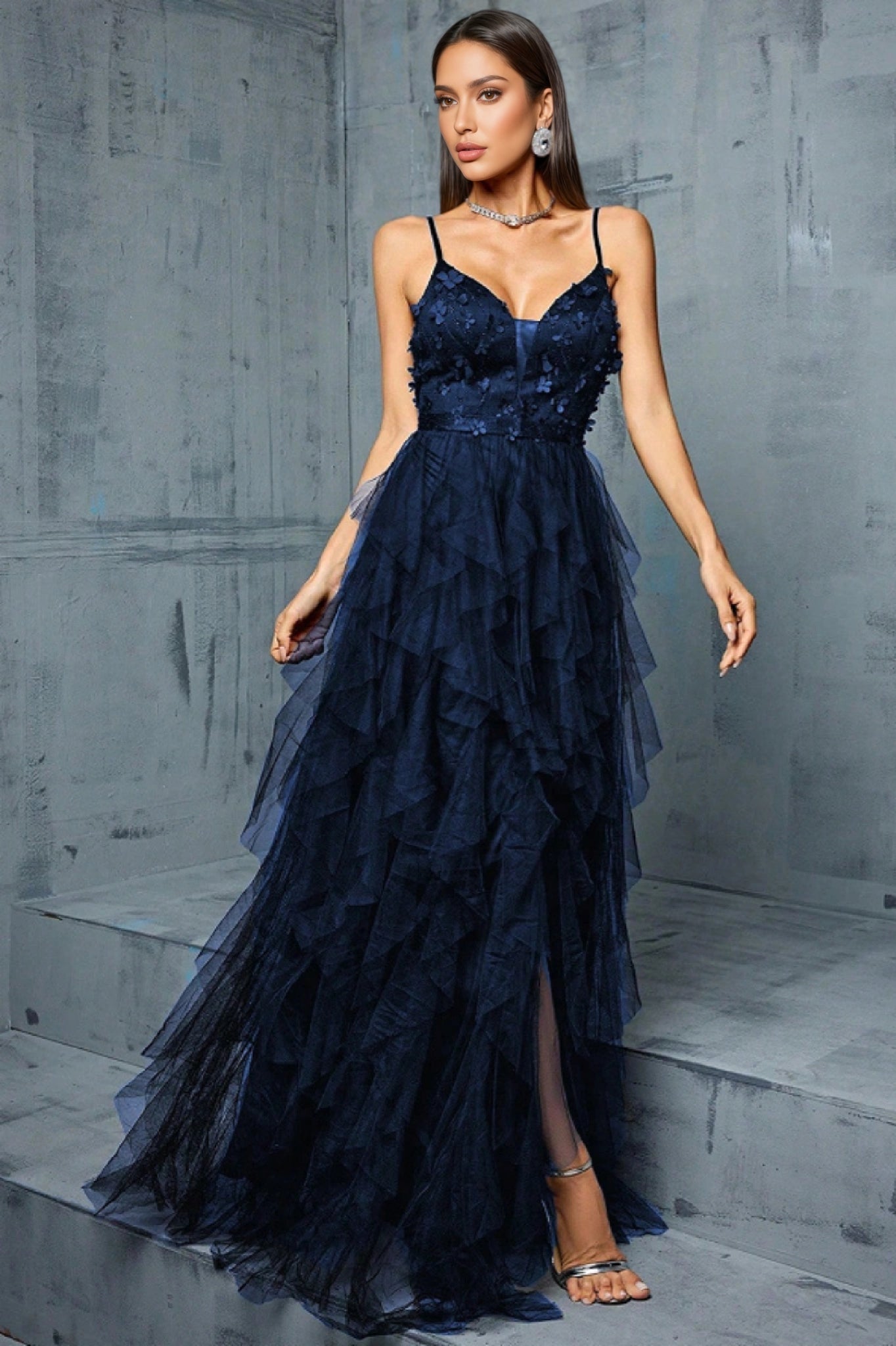 Valentina Blue Mesh Slit Maxi Dress - View 2