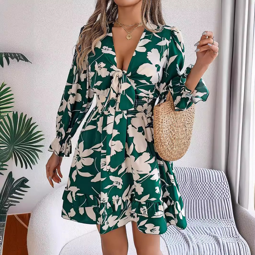 Floral Print Deep V-Neck Tie Front Long Sleeve Smocked Waist Ruffle Mini Dress 2