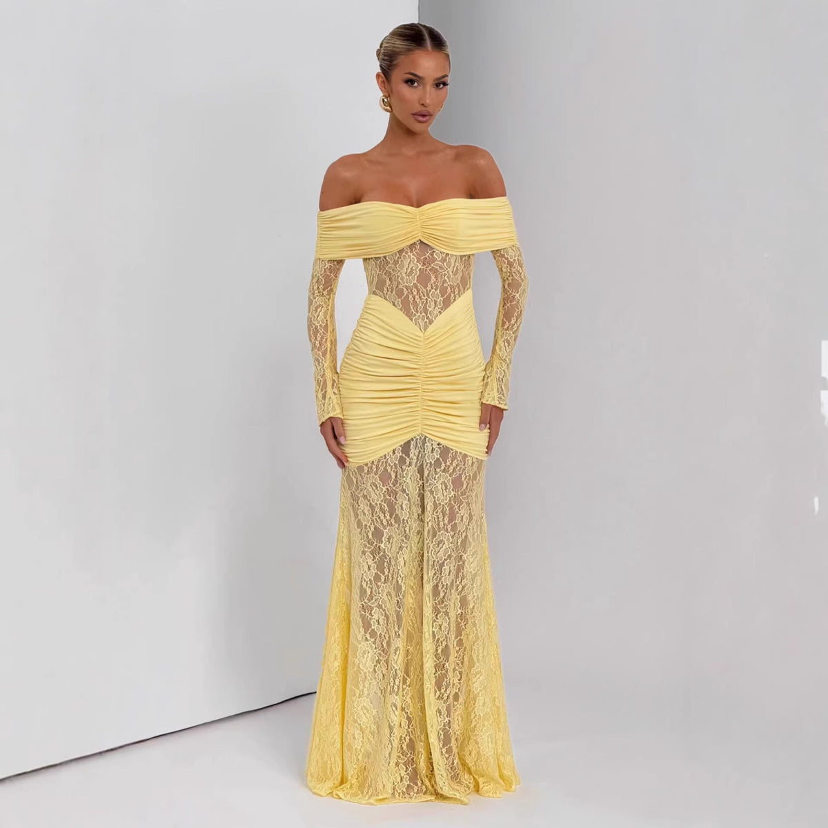 Lace Off Shoulder Long Sleeve Ruched Sheer Mermaid Maxi Dress 2