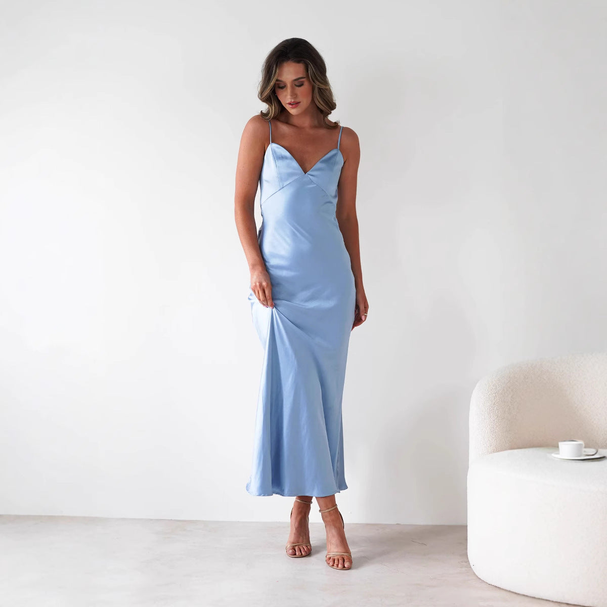 Dress Sling Satin Backless Lace up Waist Controlled Dress