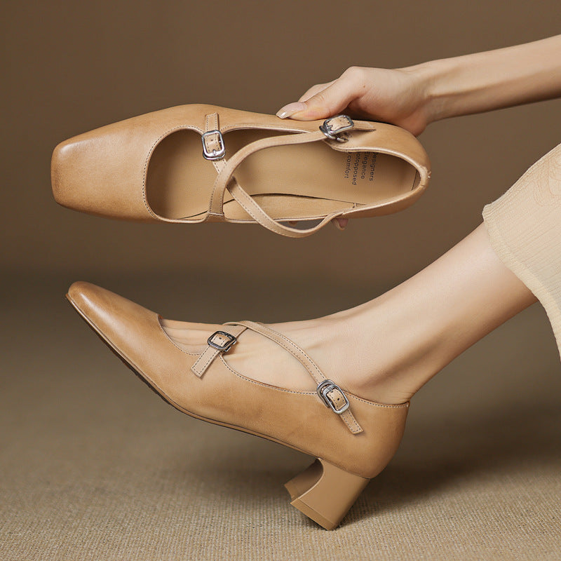 Square Toe Double Buckle Strap Block Heel Mary Jane Pumps