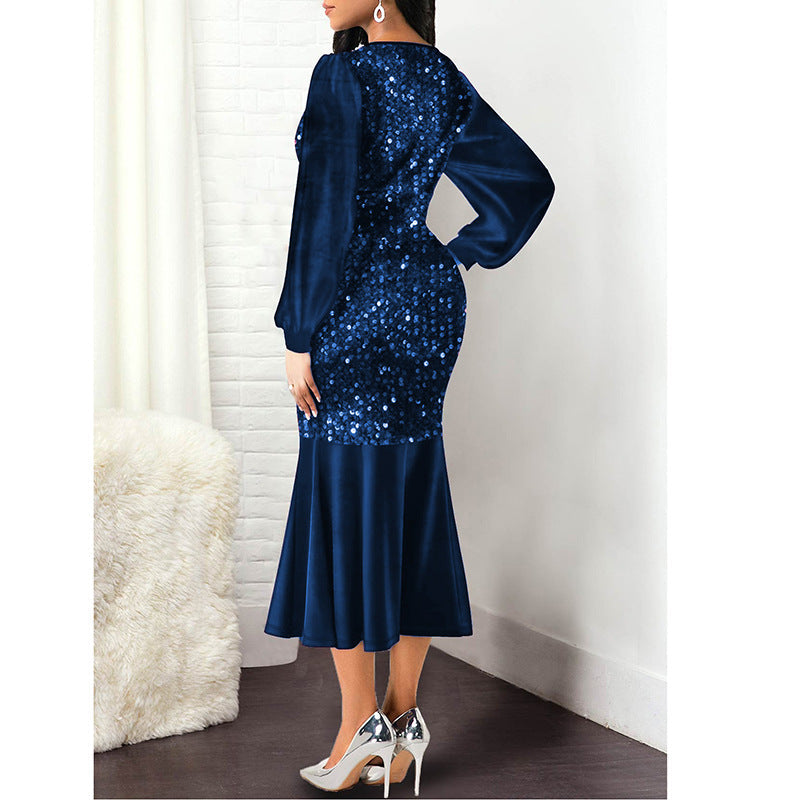 Sequin Deep V-Neck Bishop Sleeve Mermaid Trumpet Hem Midi Dress
