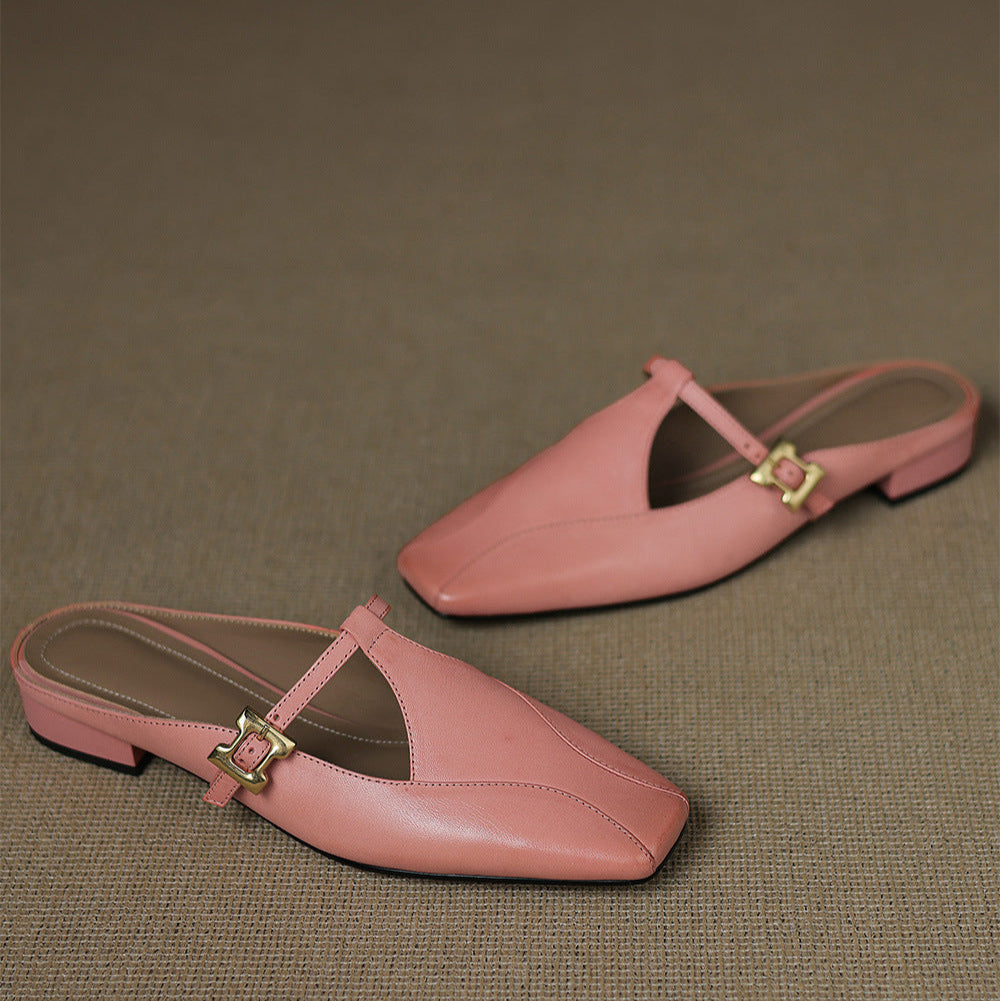 Square Toe Buckle Strap Cut Out Block Heel Mules