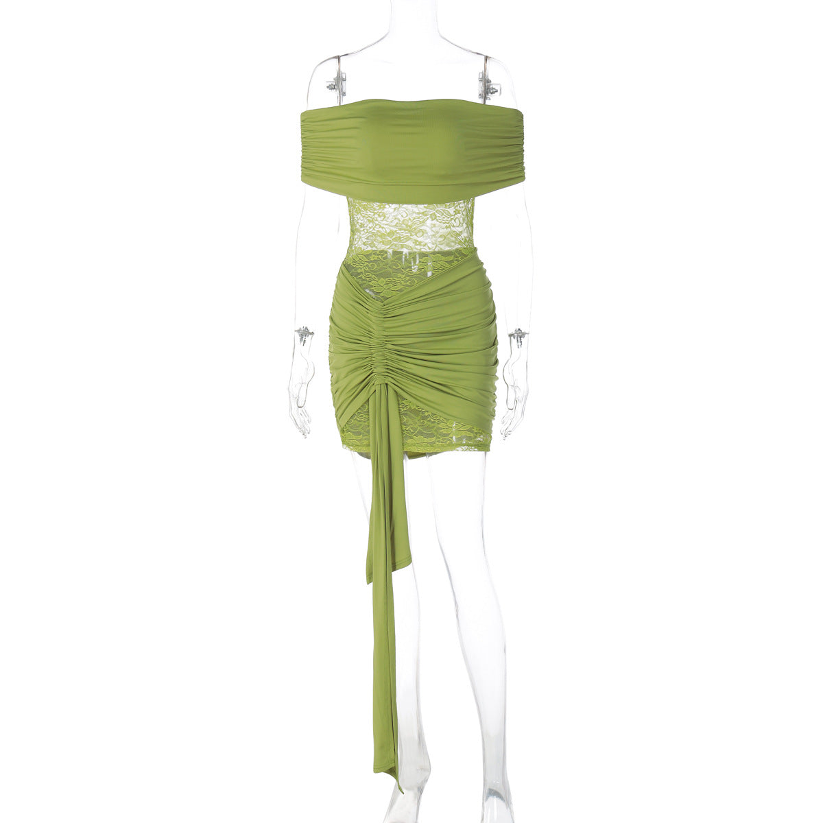 Off Shoulder Lace Ruched Bodycon Mini Dress 5