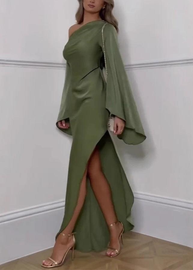 One Shoulder Satin Bell Sleeve High Split Draped Maxi Gown