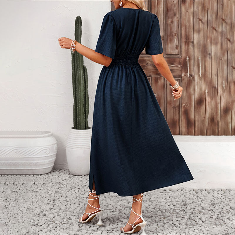 Women Ruffle Sleeve High Slit Elastic Waist Dress Solid Color Maxi Dress Summer Women Sense of Youth