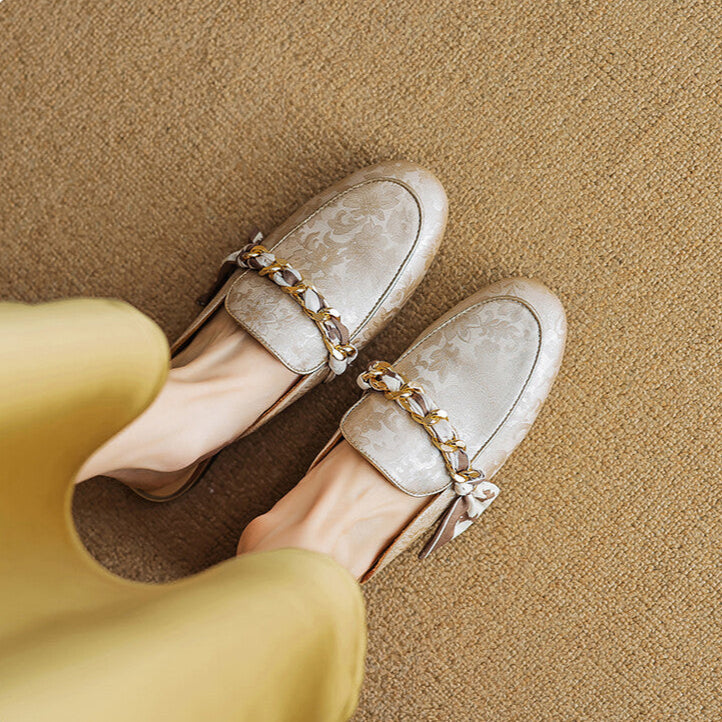 Floral Jacquard Chain Detail Pointed Toe Flat Mules