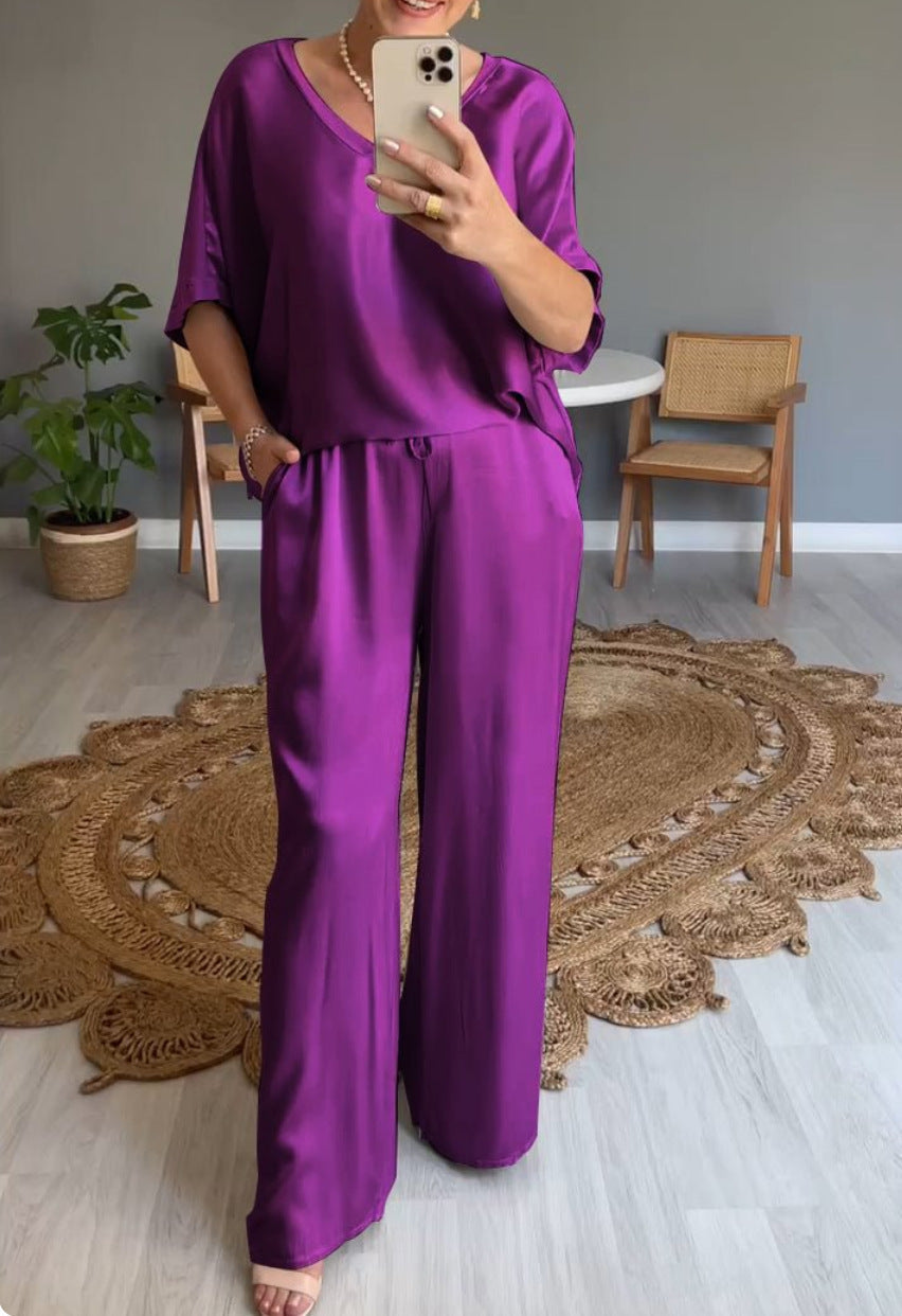 Deep V-Neck Short Sleeve Oversized Wide Leg Two-Piece Set