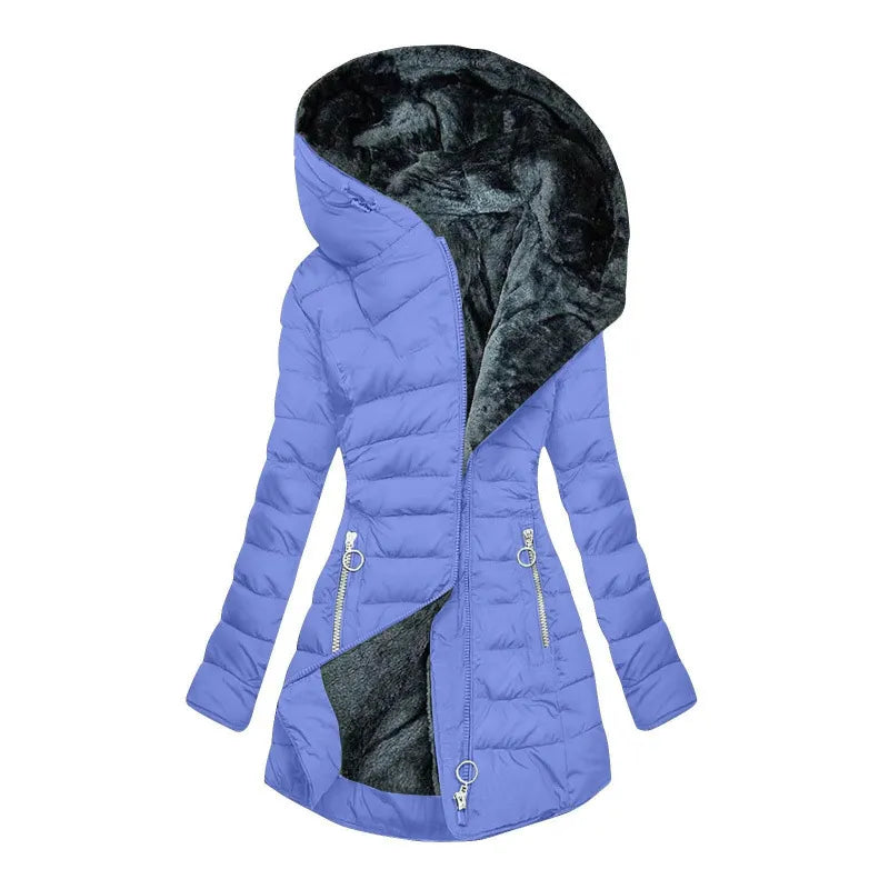 Hooded Fleece Lined Zip Front Quilted Puffer Coat 13