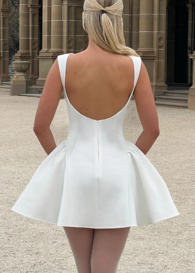 Boat Neck Sleeveless Princess Seam Structured Sculptural Fit and Flare Mini Cocktail Dress