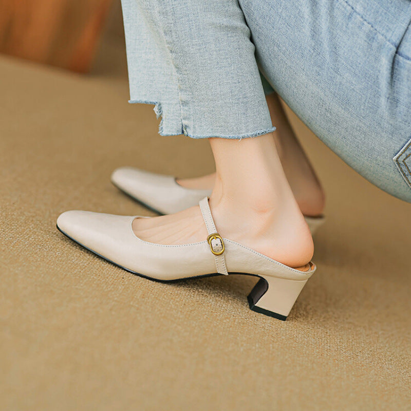 Square Toe Buckle Strap Block Heel Mules