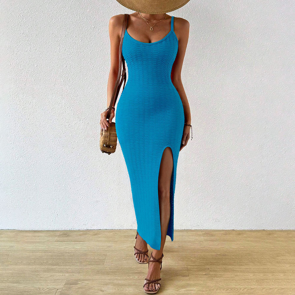 Textured Knit Scoop Neck Cami High Split Bodycon Midi Dress