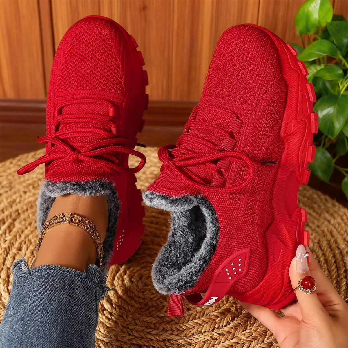 Lace Up Fleece Lined Chunky Lug Sole Sneakers