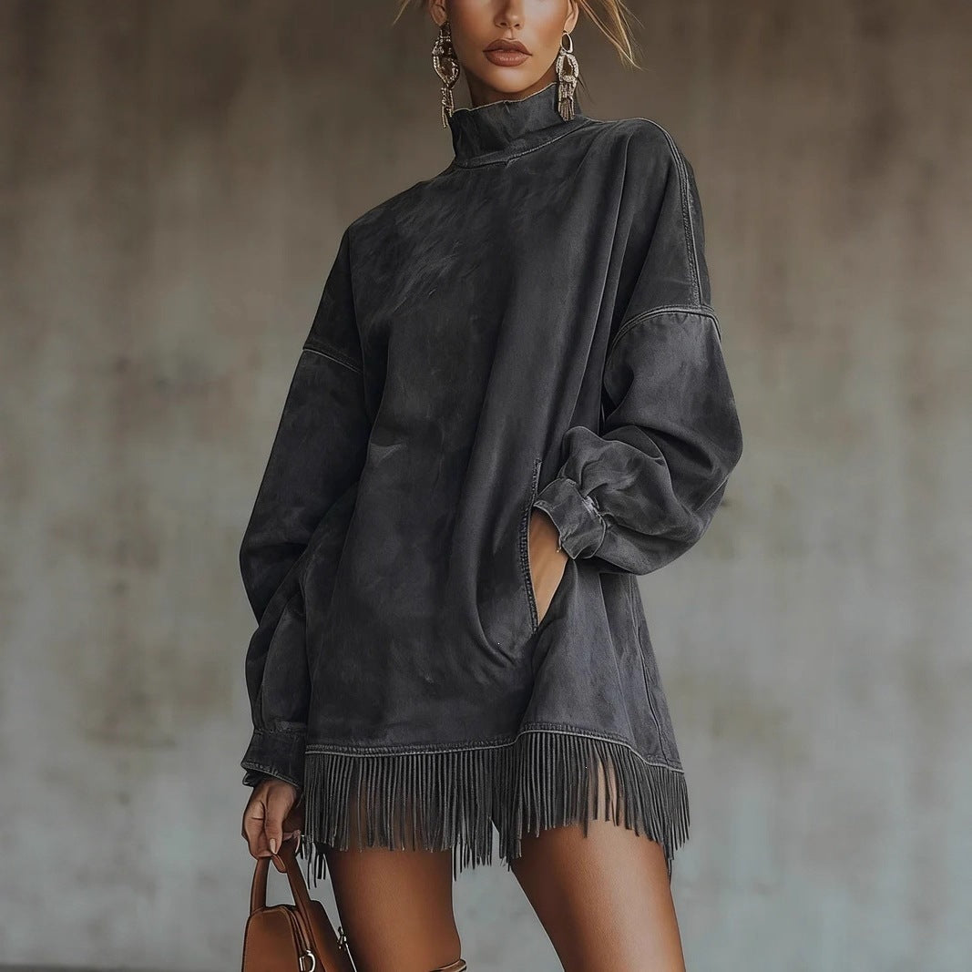 Suede Look Mock Neck Long Sleeve Fringe Hem Oversized Sweatshirt Mini Dress 6