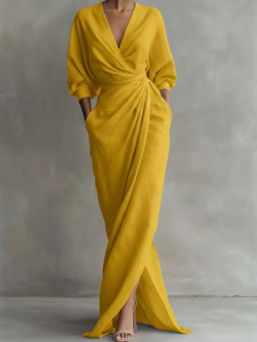 Deep V-Neck Long Sleeve Wrap Ruched High Split Maxi Dress 8
