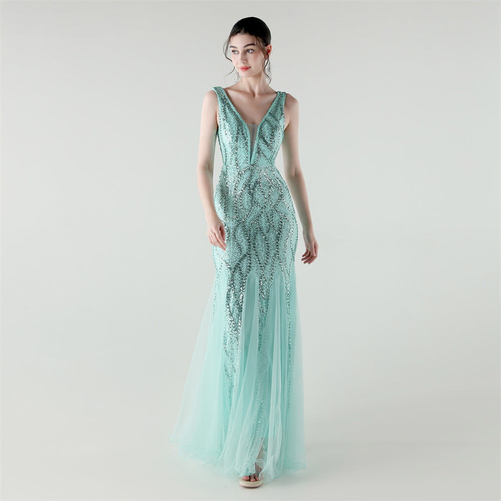 Deep V Plunge Fishtail Beaded Sequ Mesh Evening Dress Women Cocktail High End Party - FashionAxe