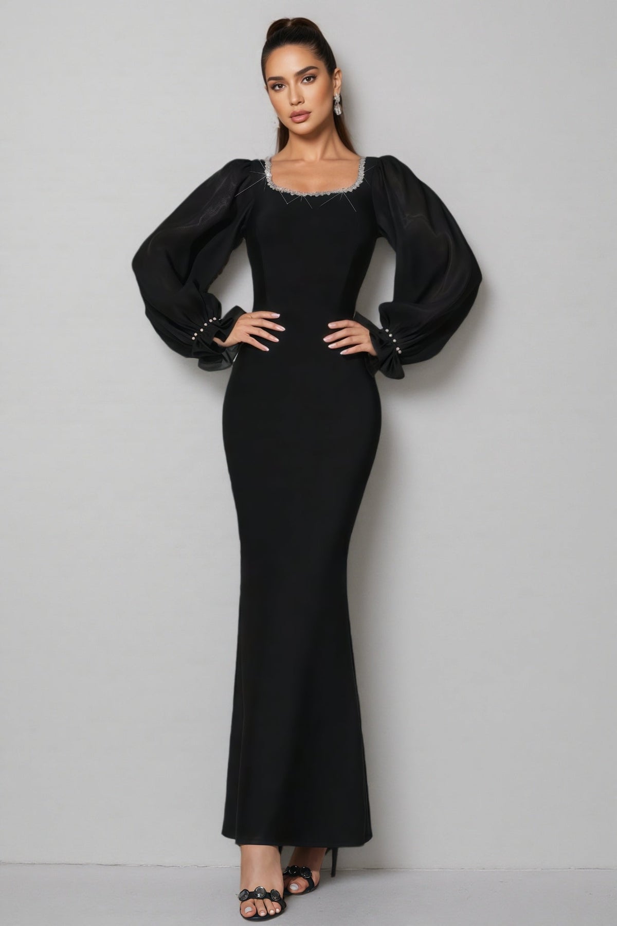 Square Neck Rhinestone Trim Sheer Balloon Sleeve Mermaid Maxi Dress