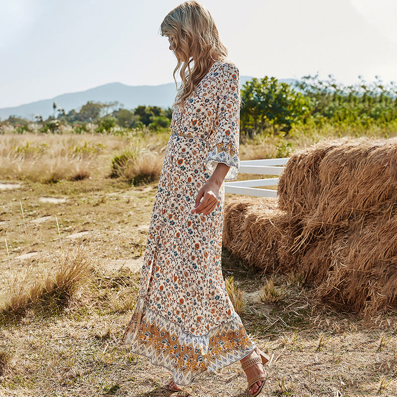 Floral Print V-Neck Bell Sleeve Front Slit Boho Maxi Dress 3