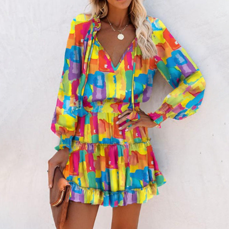 Floral V-Neck Long Sleeve Tiered Ruffle Mini Dress 8