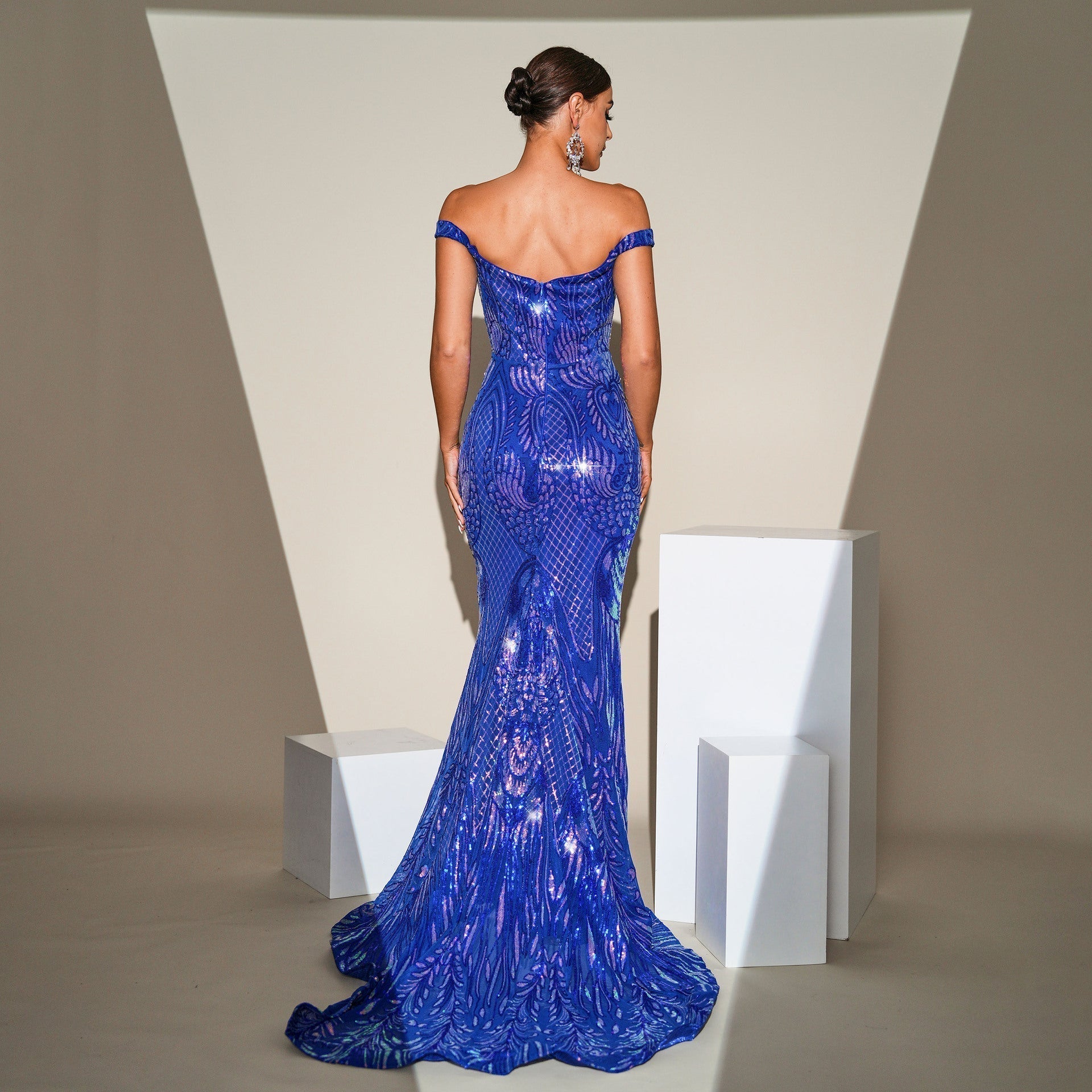Sequin Off Shoulder Sweetheart High Split Mermaid Gown