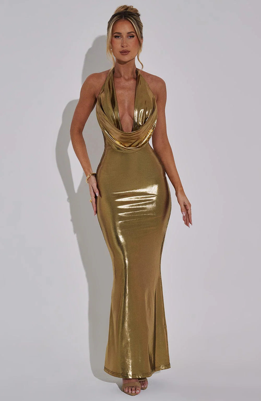 Metallic Halter Neck Cowl Backless Bodycon Maxi Dress