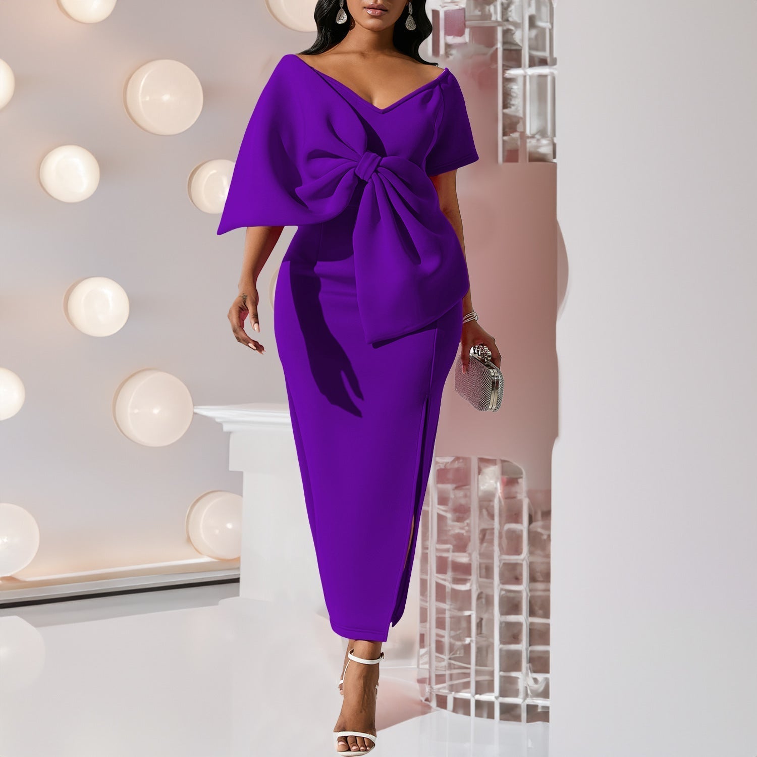 Satin Cowl Neck Backless High Split Slip Maxi Dress