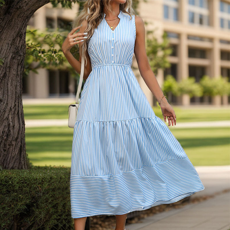 Striped Sleeveless Button Front Tiered Midi Dress 2