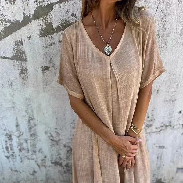 Gauze Deep V-Neck Short Sleeve Box Pleat Midi Dress