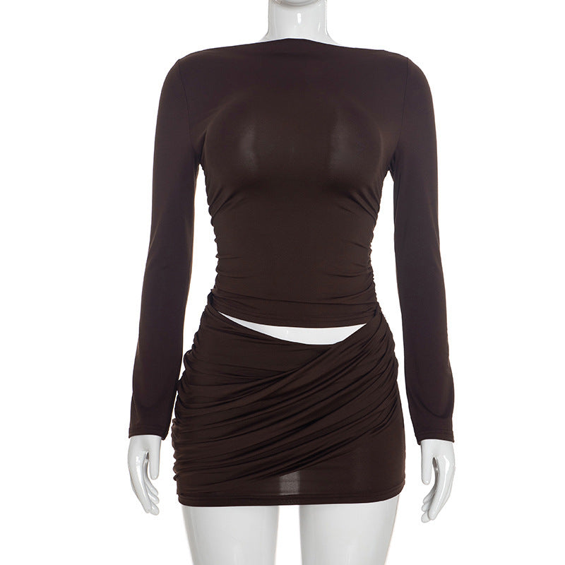 Boat Neck Long Sleeve Cut Out Waist Draped Ruched Mini Dress 2