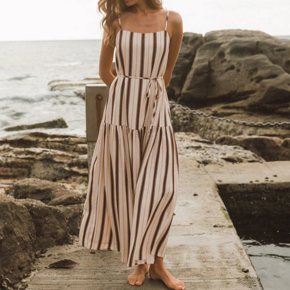 Striped Square Neck Cami Tie Waist Tiered Maxi Dress