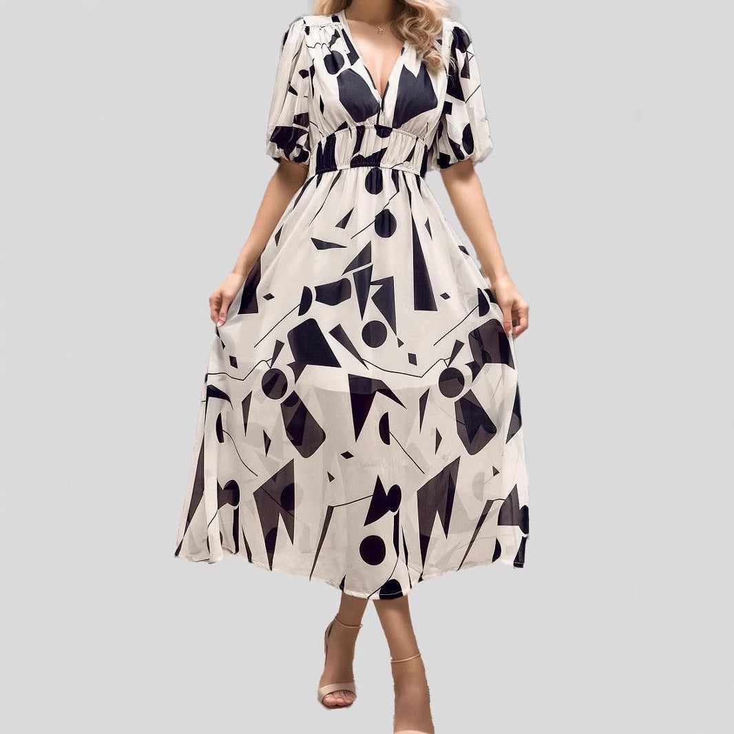 Abstract Print V-Neck Puff Sleeve Smocked Waist Midi Dress 4