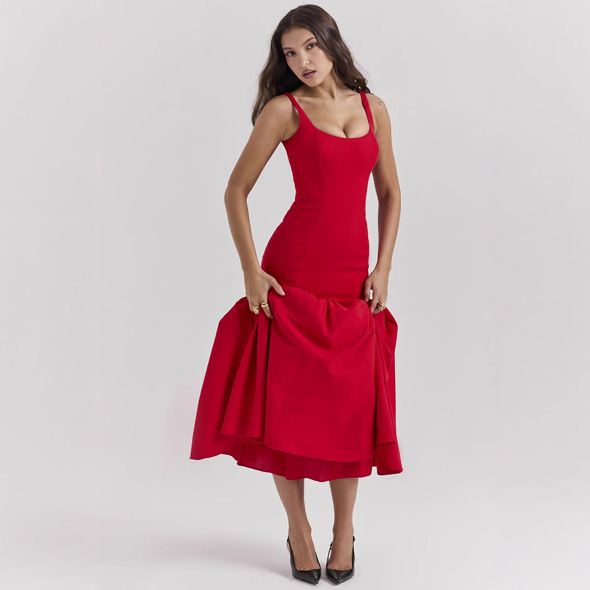 Summer Square Collar Cut Ballet Sheath Fitted Waist Fishtail Strap Dress for Women Elegant Bubble Dress Women