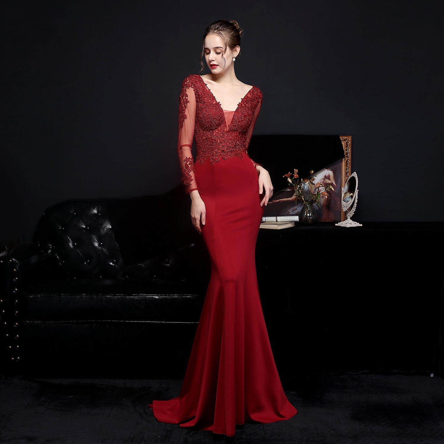 Lace V-Neck Long Sleeve Beaded Mermaid Maxi Gown
