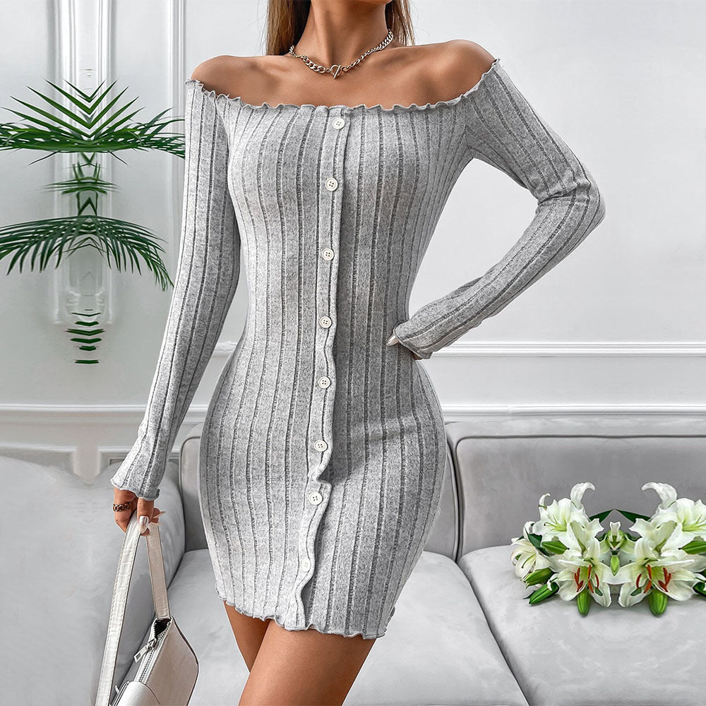 Ribbed Knit Off Shoulder Long Sleeve Button Front Lettuce Trim Bodycon Mini Dress 3