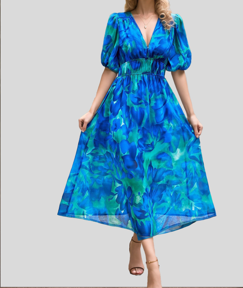 Abstract Print V-Neck Puff Sleeve Smocked Waist Midi Dress 6