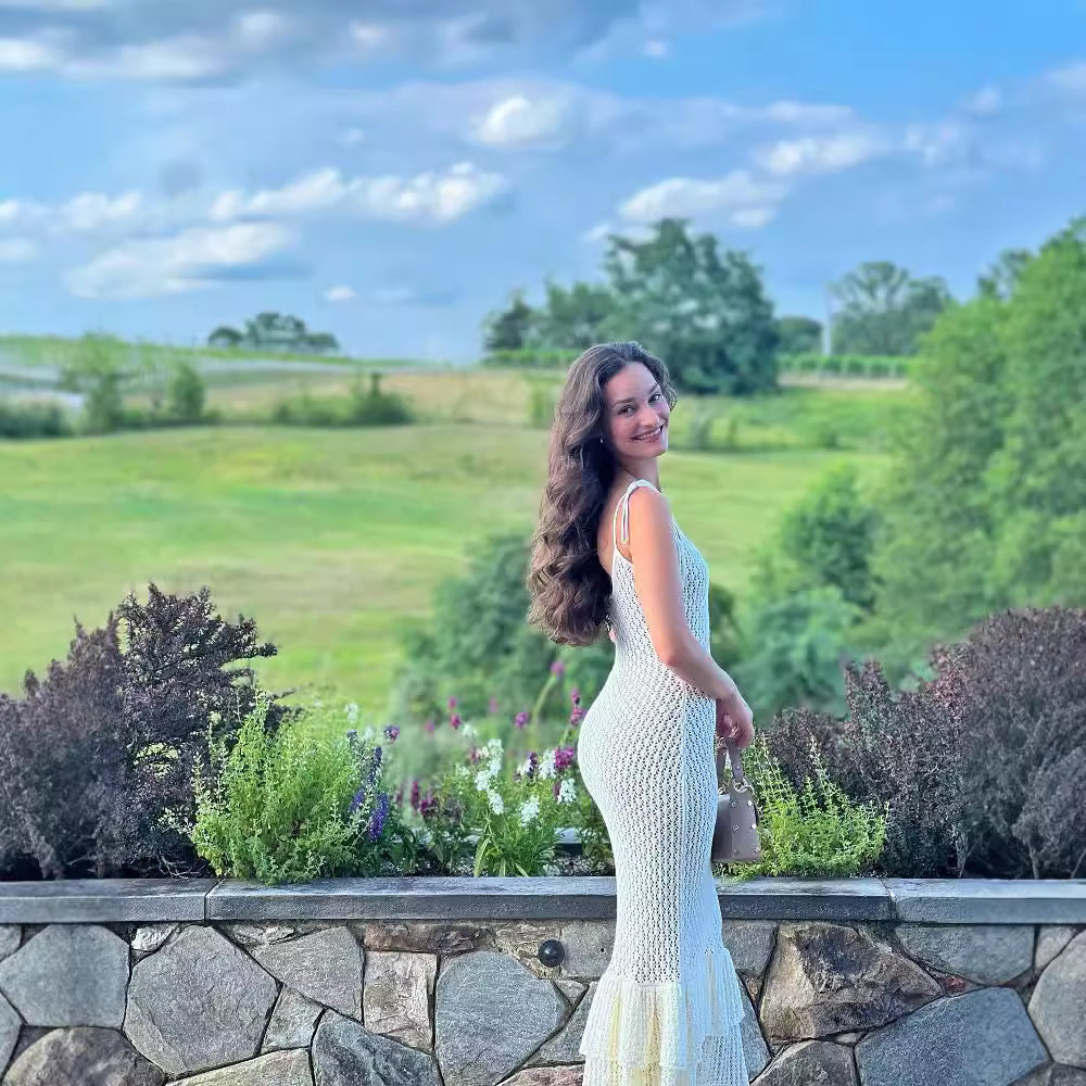 Hollow Out Cutout out Camisole Bohemian Beach Wooden Ear Knitted Sling Tiered Ruffle Maxi