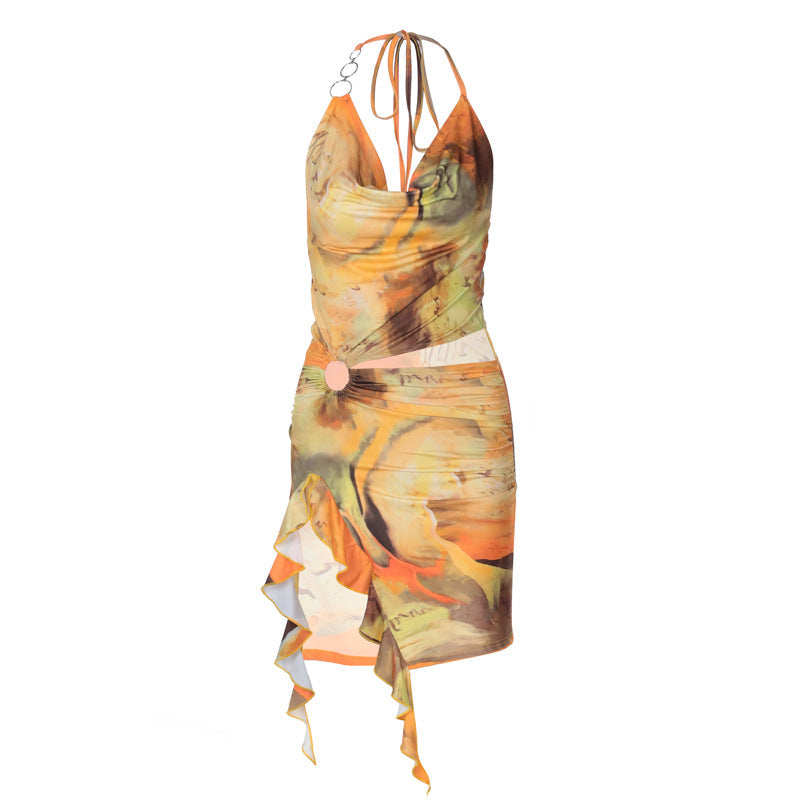 Abstract Print Mesh O Ring Cut Out Ruffle Hem Mini Dress 5
