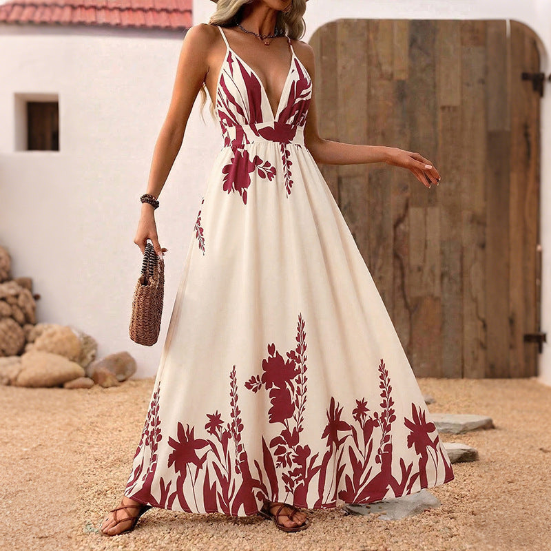 Floral Print Deep V-Neck Cami Backless A-Line Swing Maxi Dress 2