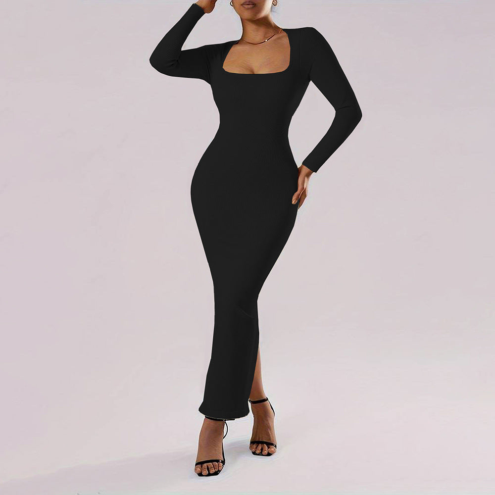 Square Neck Long Sleeve Ribbed Bodycon Mermaid Maxi Dress 2