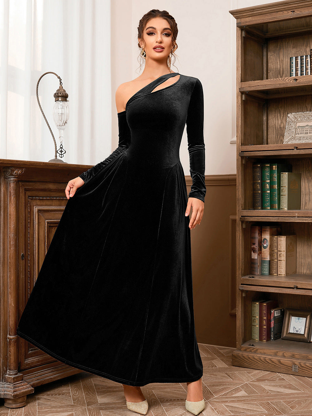 Velvet One Shoulder Long Sleeve Cut Out Fit and Flare Maxi Dress