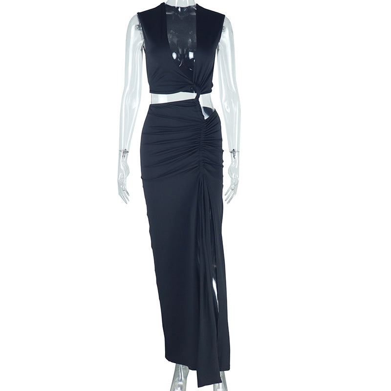 Deep V-Neck Sleeveless Cut Out Waist Ruched High Split Maxi Dress 6