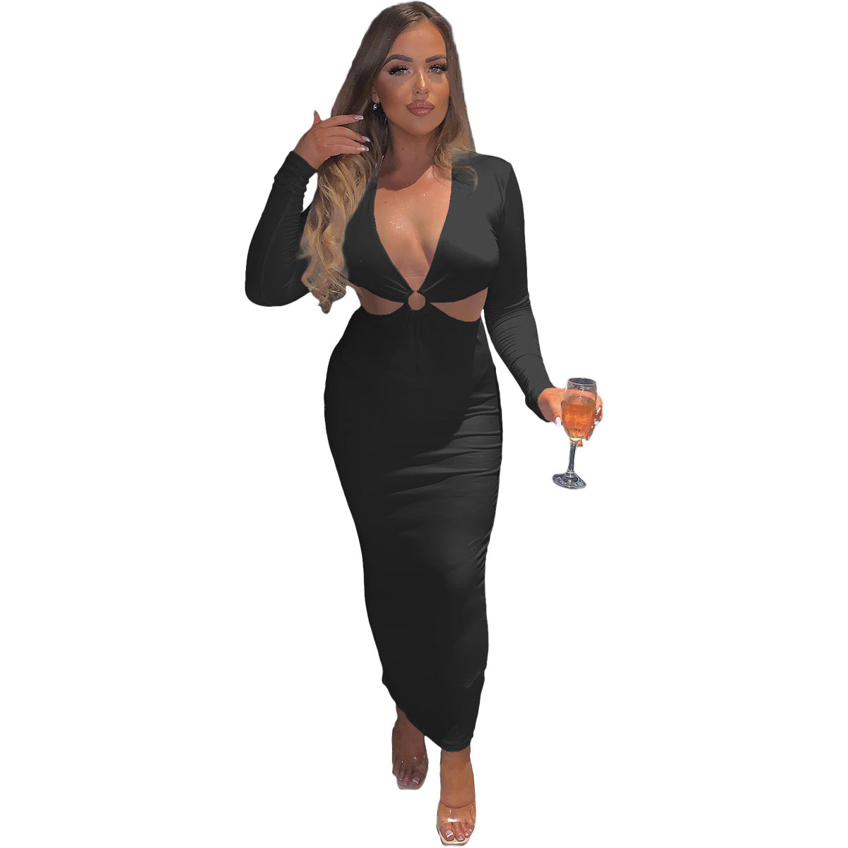 Deep V-Neck O Ring Cut Out Long Sleeve Bodycon Maxi Dress 3