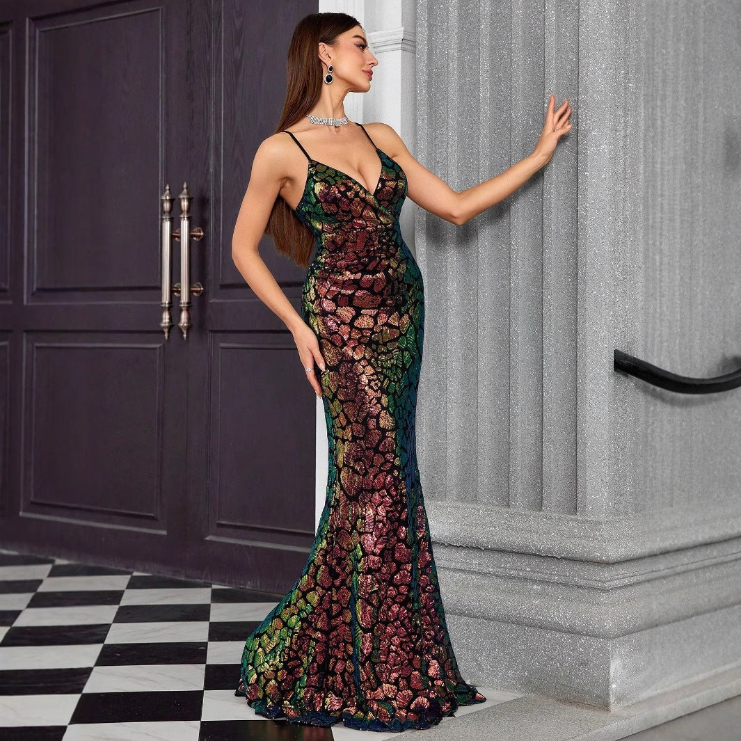 Sequin Spaghetti Strap Deep V-Neck Mermaid Maxi Gown