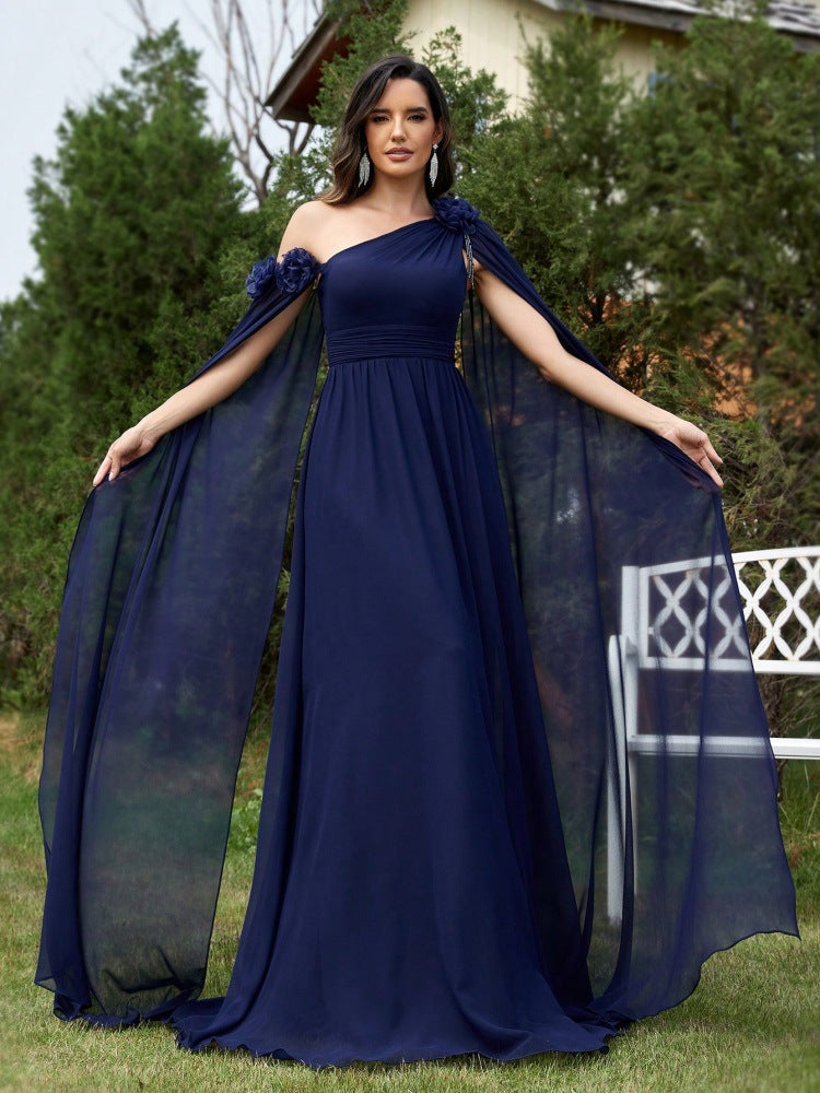 One Shoulder 3D Flower Cape Sleeve Chiffon A-Line Maxi Dress