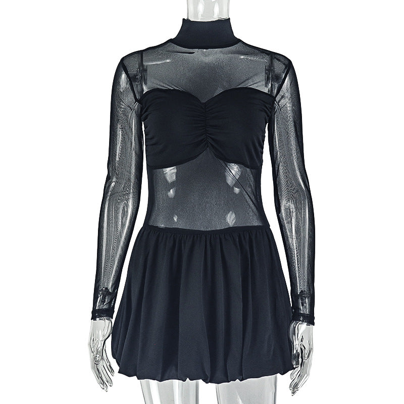Sheer Mesh Mock Neck Long Sleeve Ruched Bust Bubble Hem Mini Dress 2