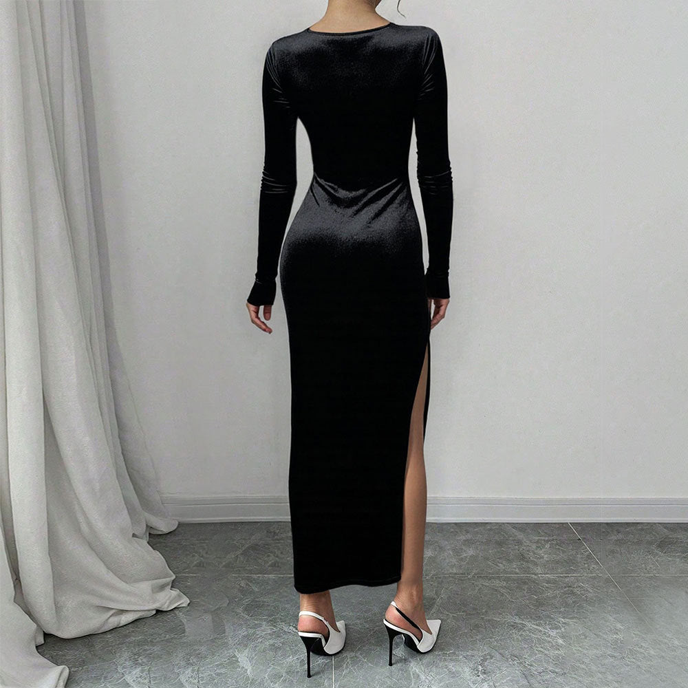 Velvet Square Neck Long Sleeve High Split Bodycon Midi Dress 2