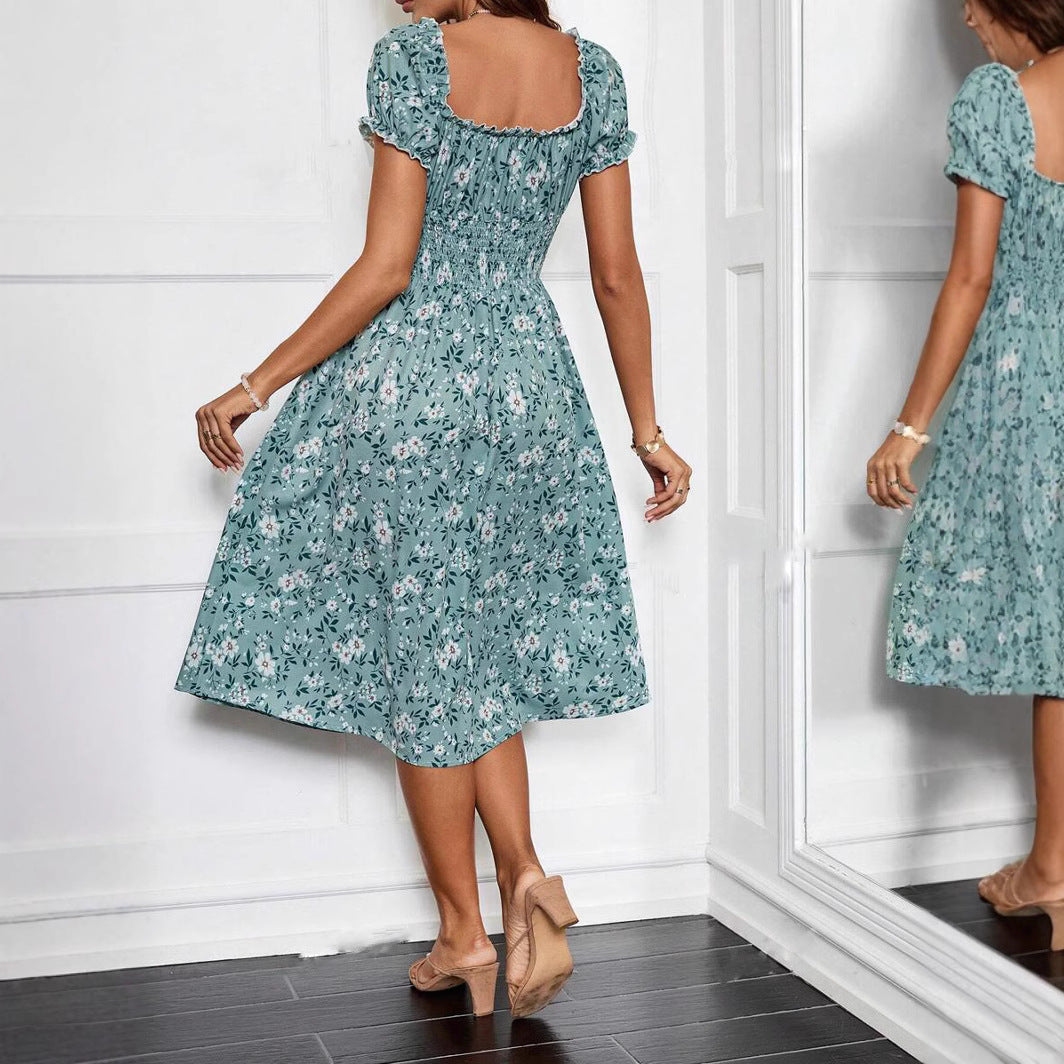 Floral V-Neck Short Sleeve Smocked Waist Fit and Flare Midi Dress