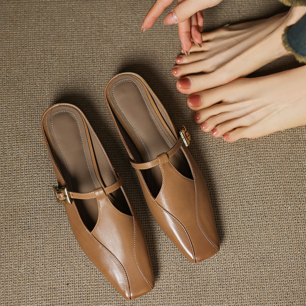 Square Toe Buckle Strap Low Block Heel Mules