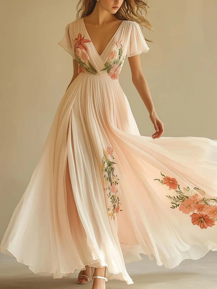 Floral Embroidered Chiffon V-Neck Short Sleeve High Split Maxi Dress 3