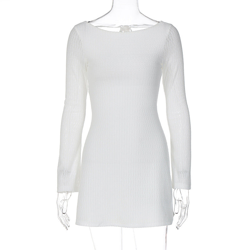 Textured Knit Boat Neck Long Flare Sleeve A-Line Mini Dress 7